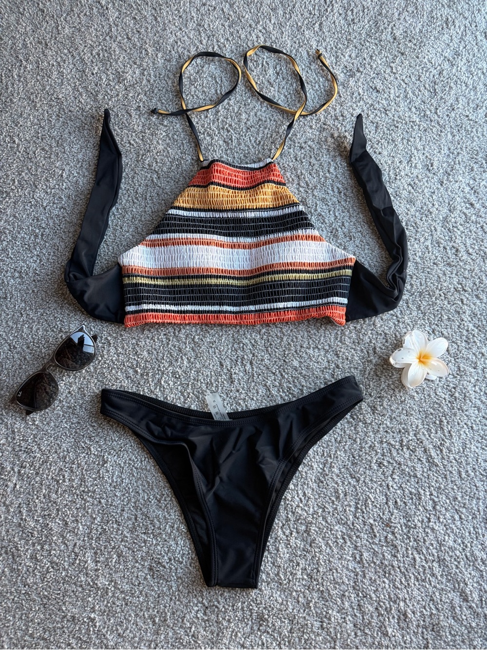 SHEIN Black Halter Bikini with Striped Multicolor Top. NEVER WORN
